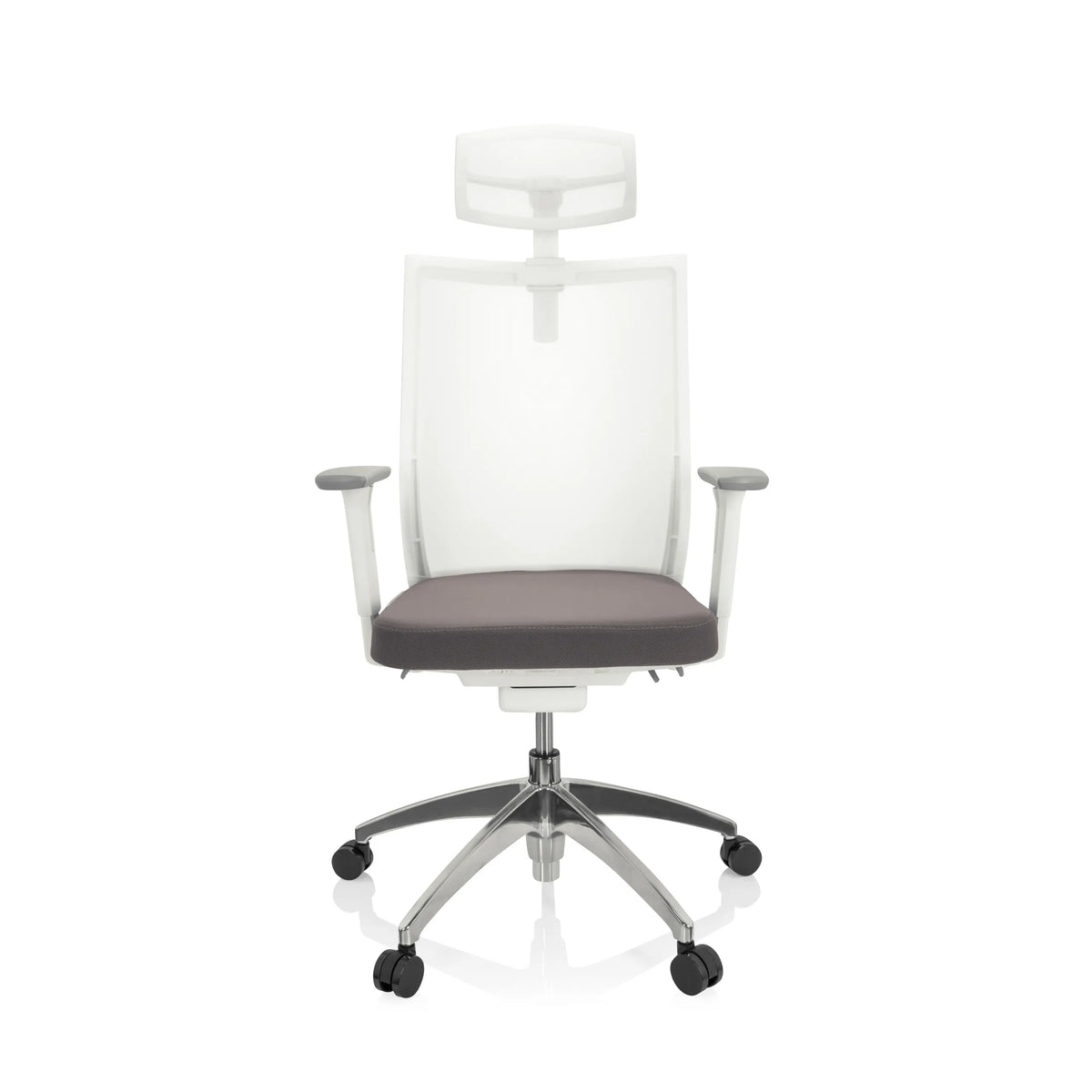 Grey and white Professional Office Chair ASPEN WHITE PRO with mesh back, headrest and five-caster base by hjh OFFICE – 360-degree view (front view 0°)