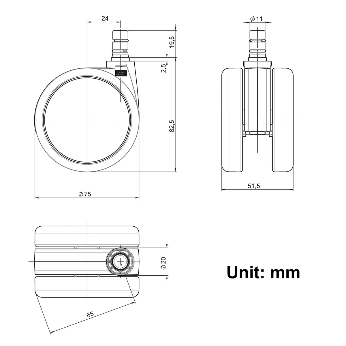 Technical drawing of the 75 mm diameter Castors 5x ROLO No-Noise 11mm/75mm by hjh OFFICE