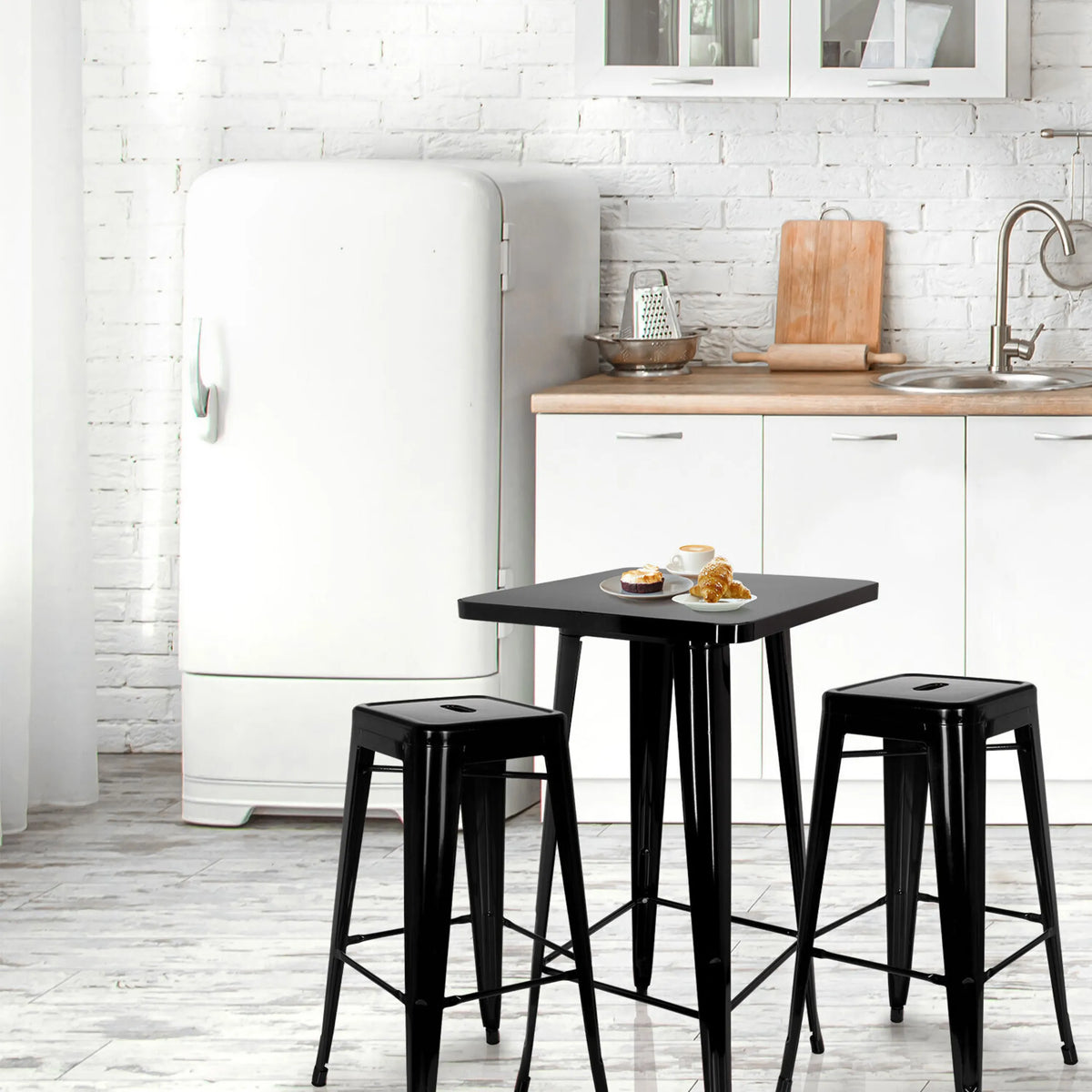 Black Bar table VANTAGGIO HIGH T with two matching bar stools in a kitchen by hjh OFFICE