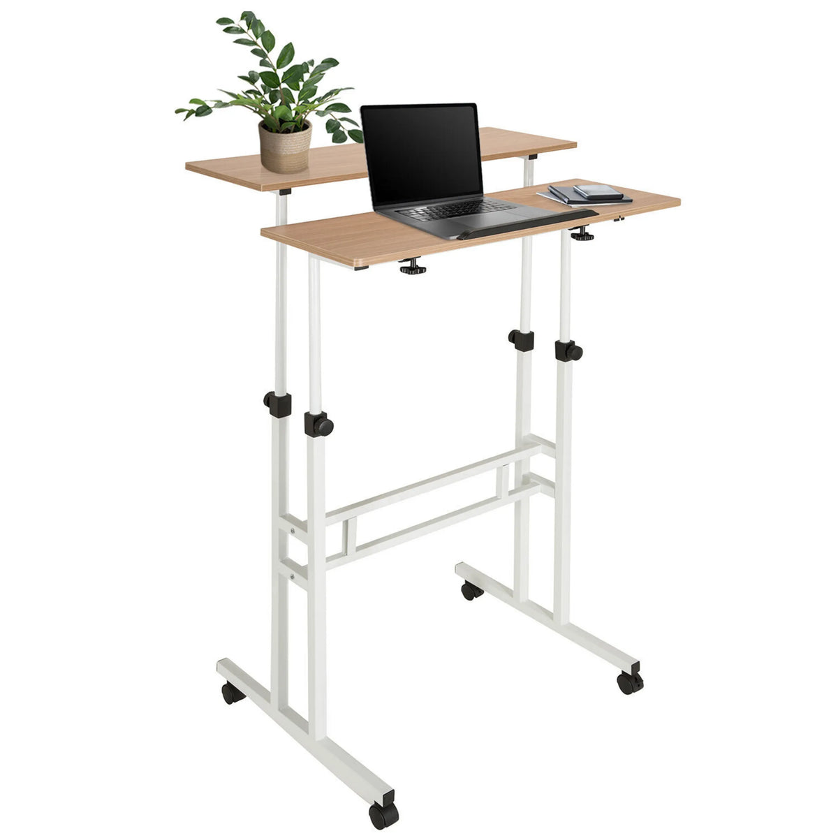 Standing desk WORKSTATION I in white and oak with two levels and castors by hjh OFFICE