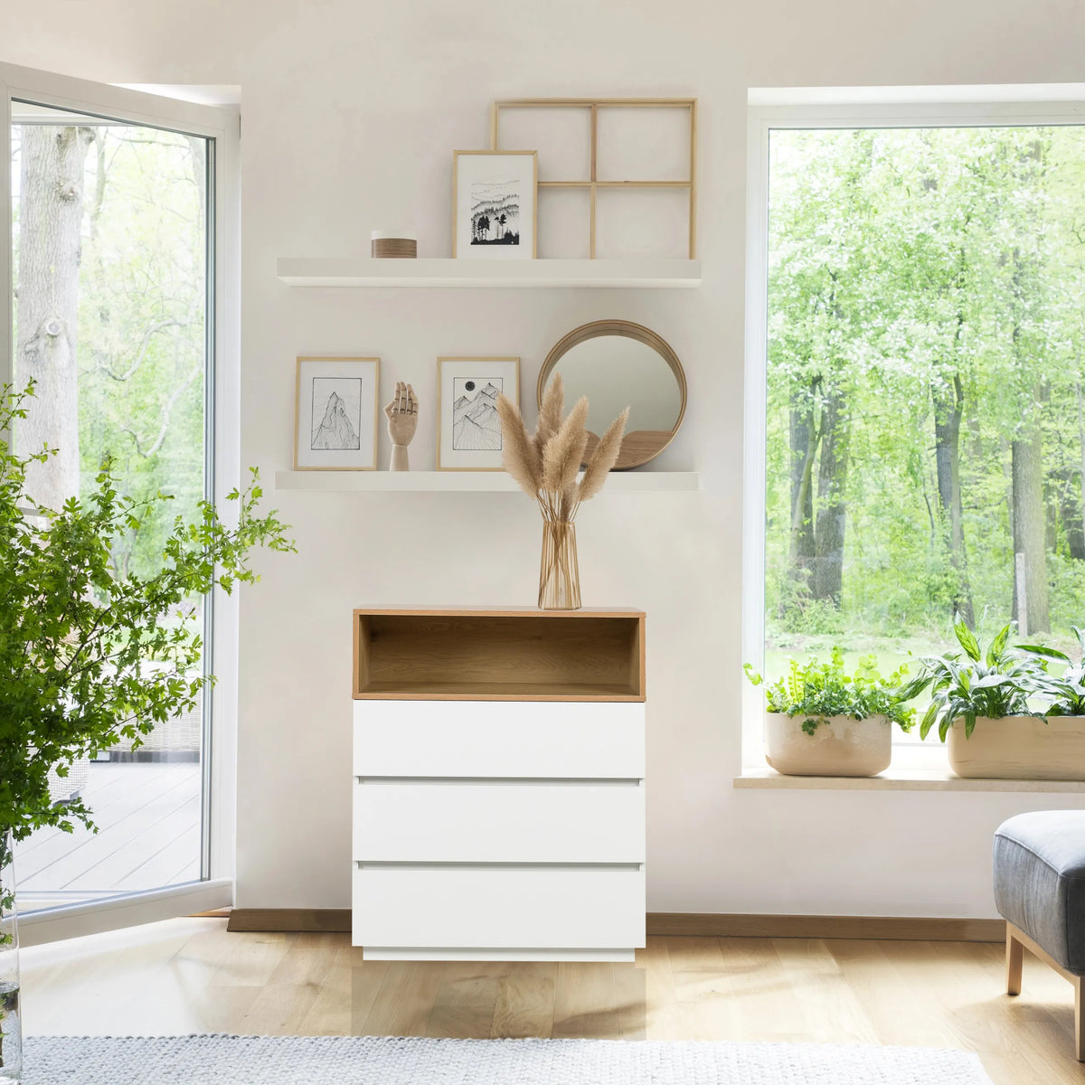 MELMO K chest of drawers in white and oak with three drawers and an open compartment by hjh LIVING