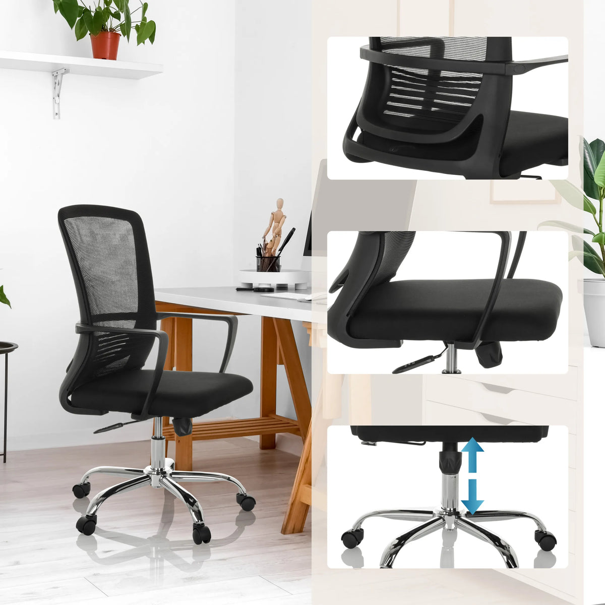 Black padded Home Office Chair STAR-TEC S with mesh backrest and gas lift by hjh OFFICE