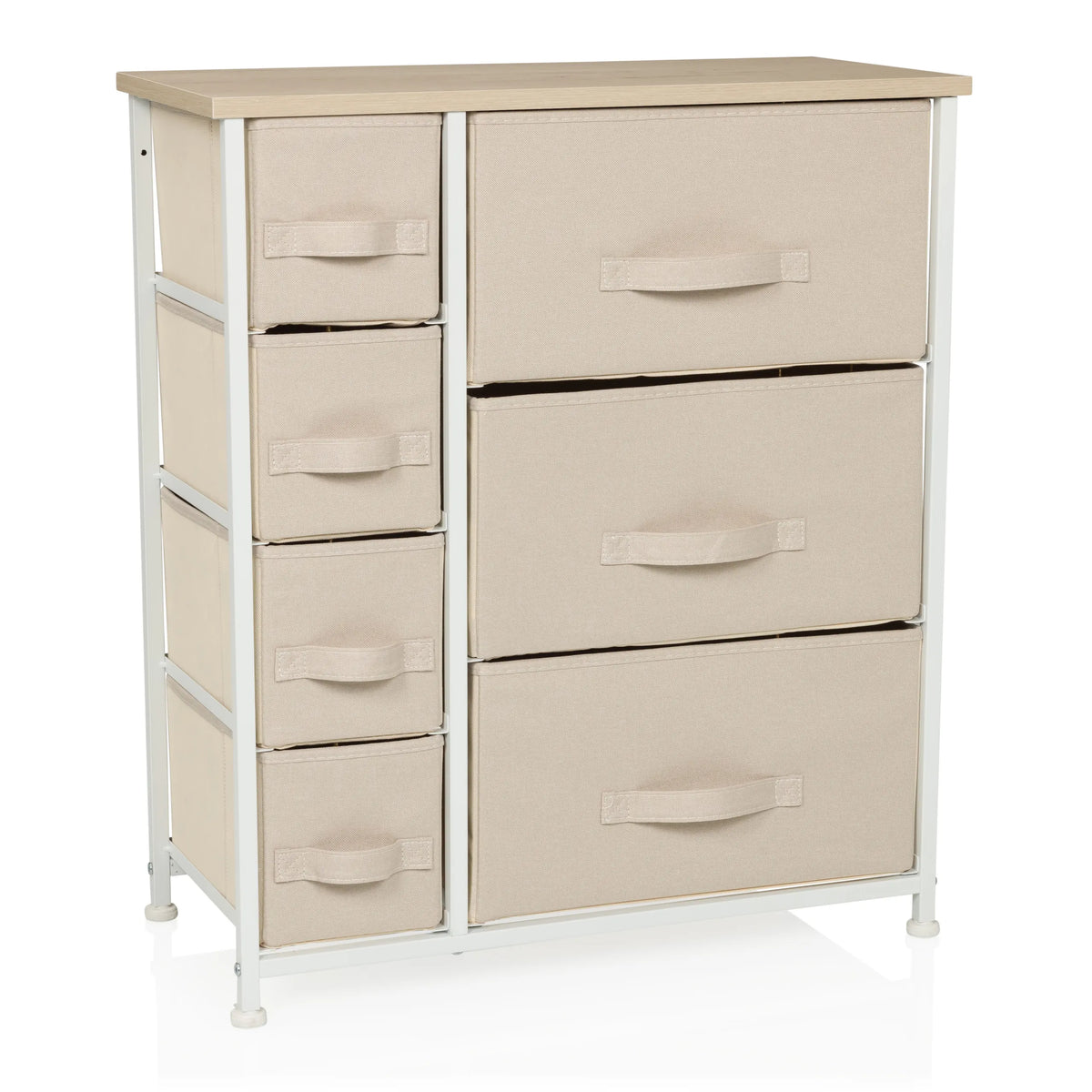 Beige Chest of drawers FOLDRESS B with seven fabric drawers and white frame by hjh LIVING – 360-degree view (front view 15°)