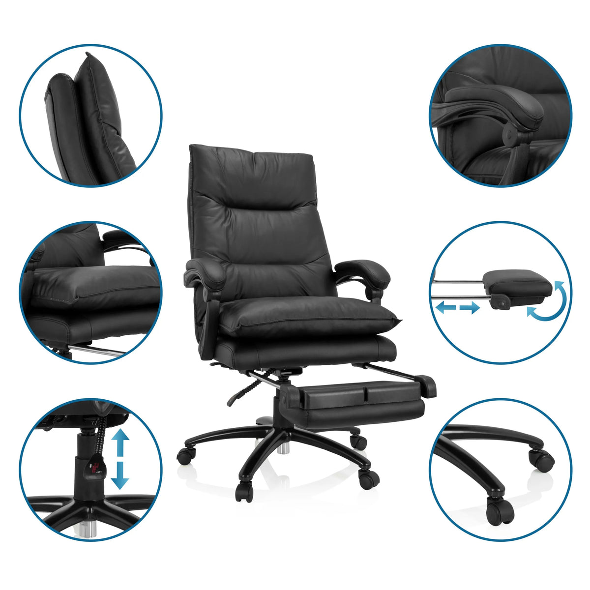 Home Office Executive Chair RELAX CL 200 in black synthetic leather with extendable footrest and detailed views by MyBuero