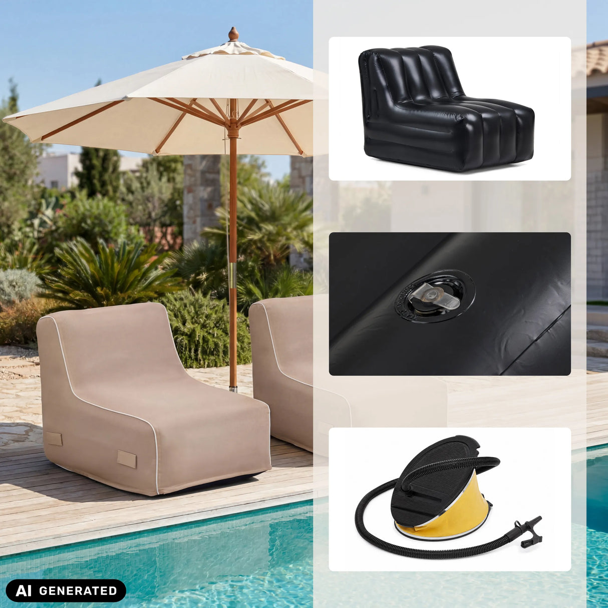 Sitzolo Air inflatable sofas in beige and black with air pump and valve by hjh LIVING (AI-generated image)