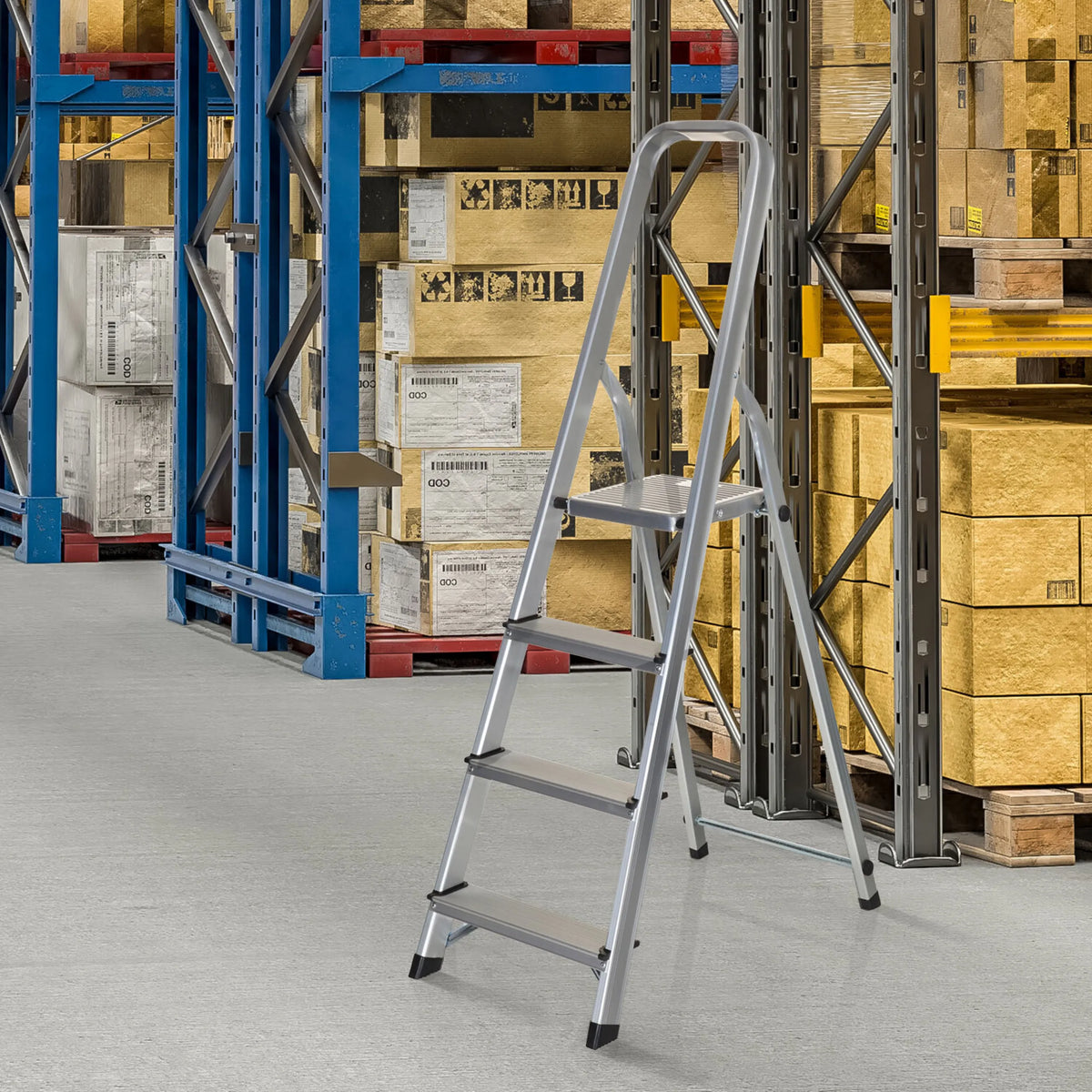 Aluminium Folding Ladder SOLID II with four steps and safety rail by hjh OFFICE