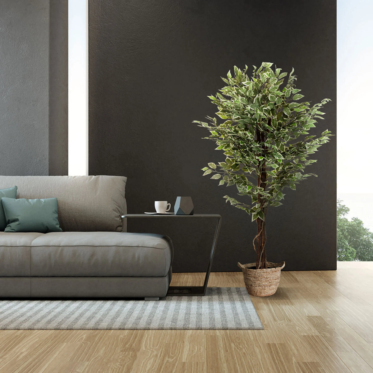 Artificial plant FICUS in green in a woven basket by hjh OFFICE