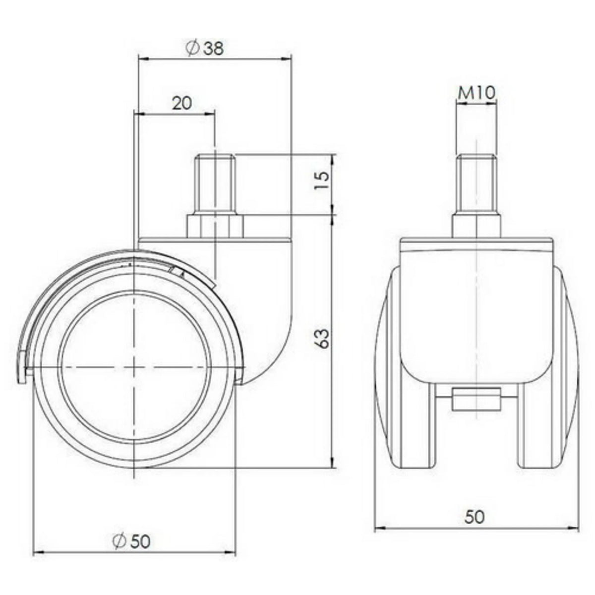 Technical drawing of the 50 mm diameter castors 5x ROLO M10/50mm by hjh OFFICE
