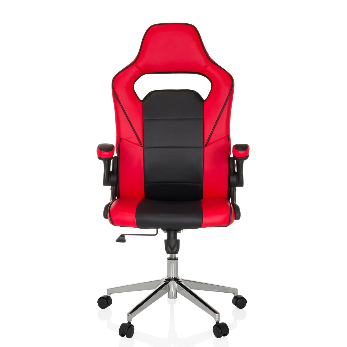 Red and black Gaming chair GAME SPORT PRO with armrests and five-caster base by MyBuero – 360-degree view (front view 0°)