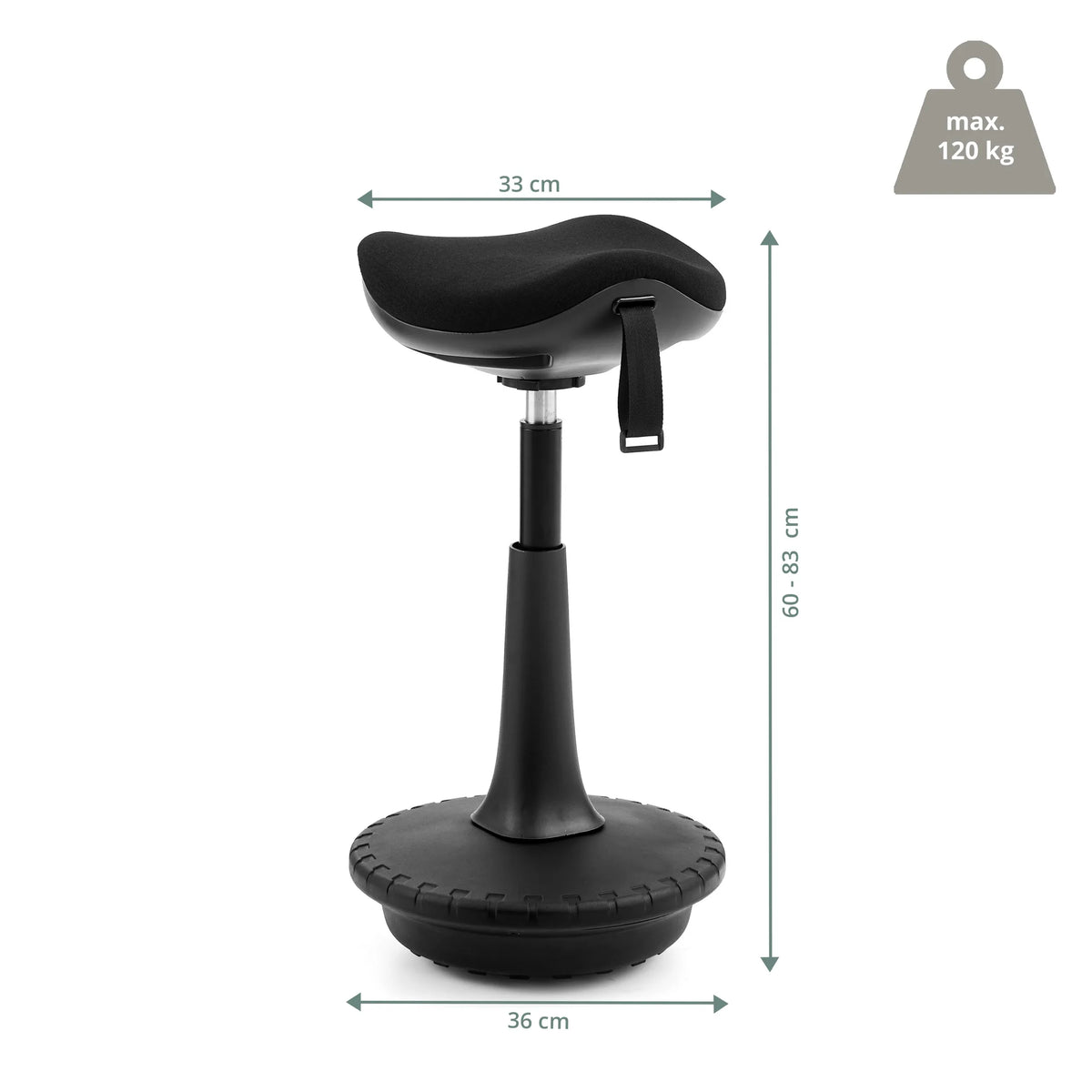 Dimensional drawing of the Standing aid Balance Sit Ergo with a height of 60–83 cm by hjh OFFICE