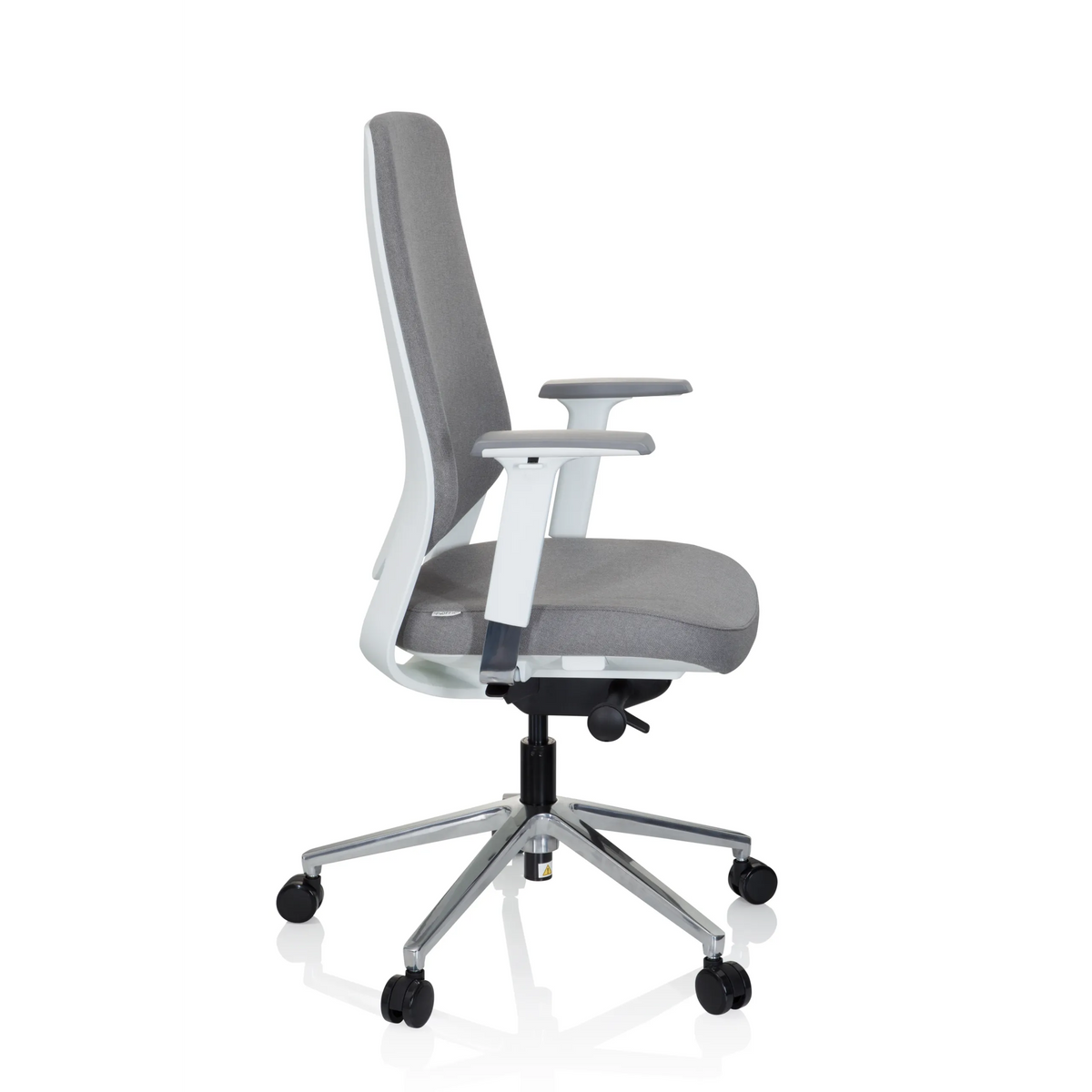 Grey Professional Office Chair CHIARO T4 WHITE with armrests and a five-caster base by hjh OFFICE – 360-degree view (side profile 80°)