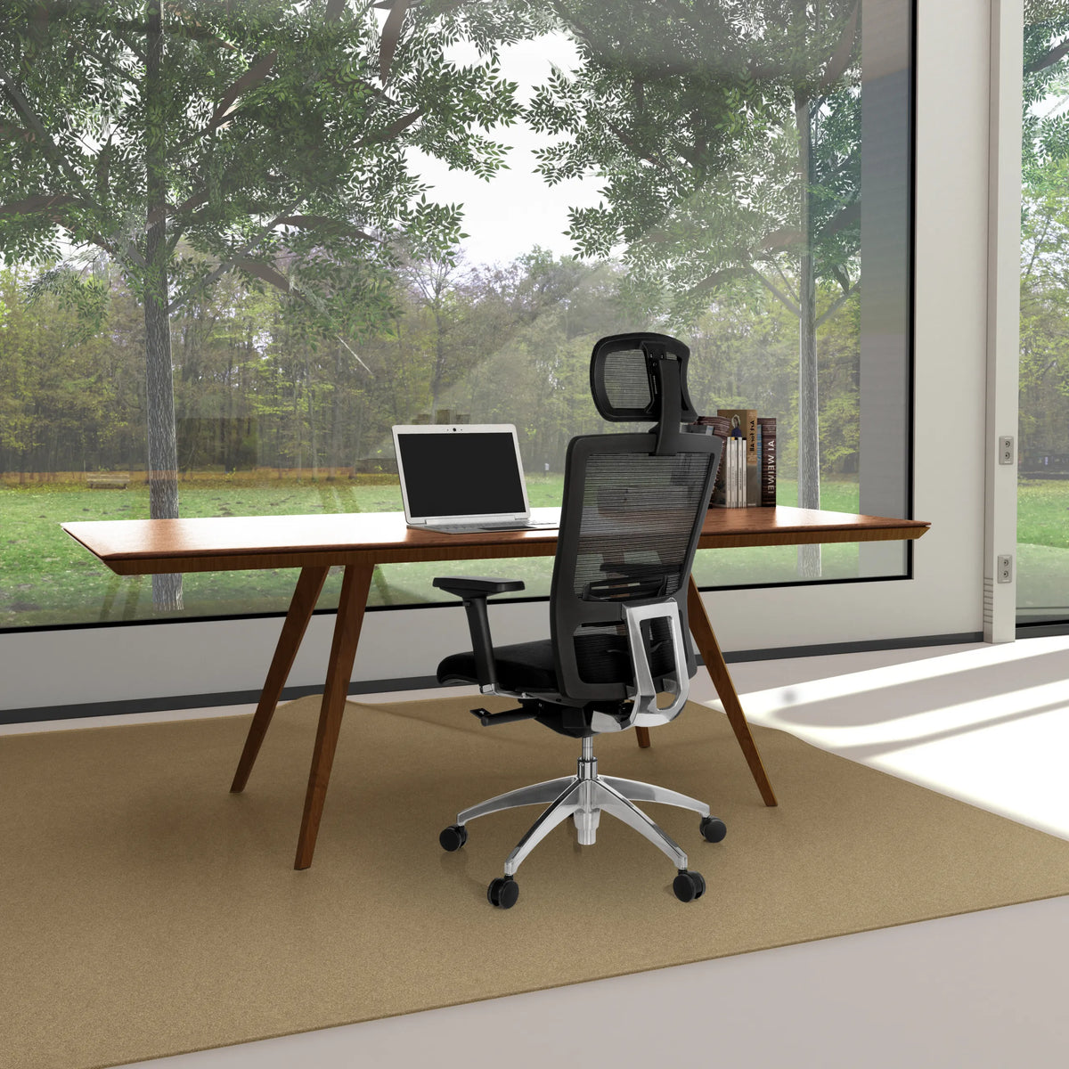 Black Professional Office Chair ASTRA LUX with mesh backrest and headrest at a desk by hjh OFFICE
