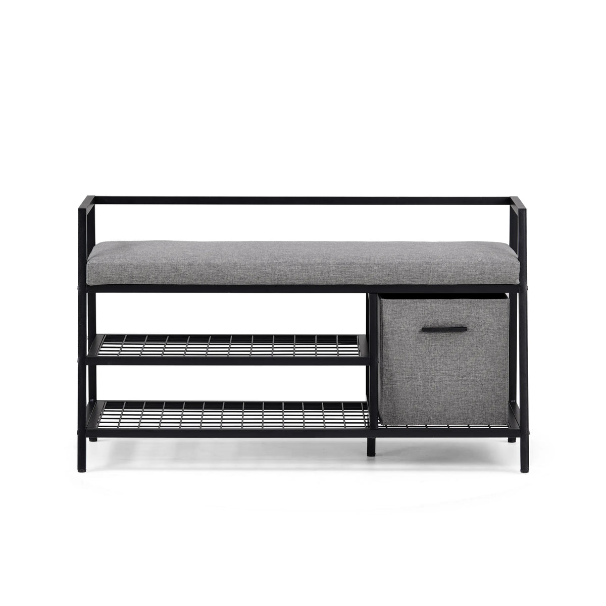 Black-grey Estha Loft shoe cabinet with seat cushion, two shelves and a fabric bin by hjh LIVING – 360-degree view (front view 0°)
