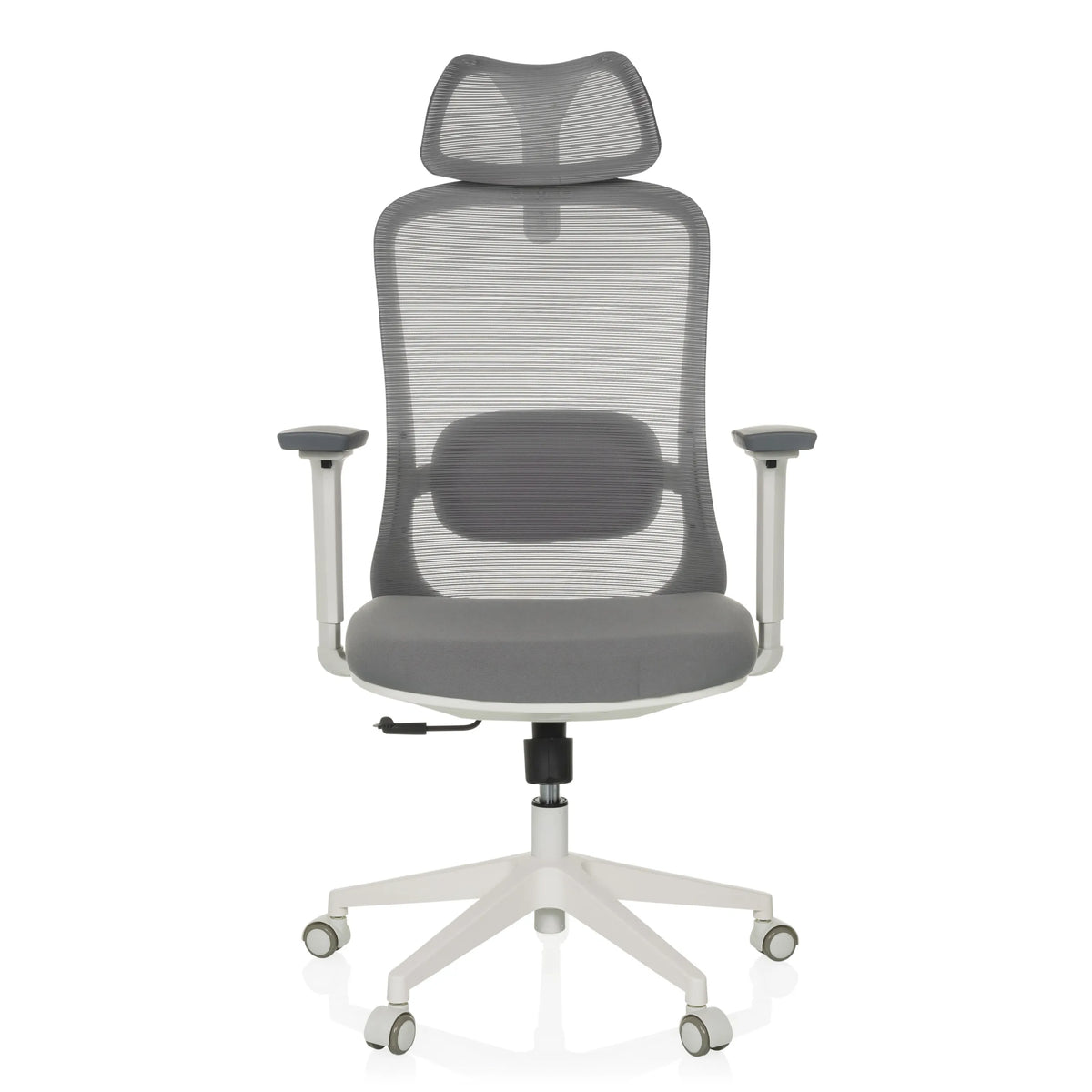 Grey Professional Office Chair MIKEO G with mesh back, headrest and five-caster base by hjh OFFICE – 360-degree view (front view 0°)