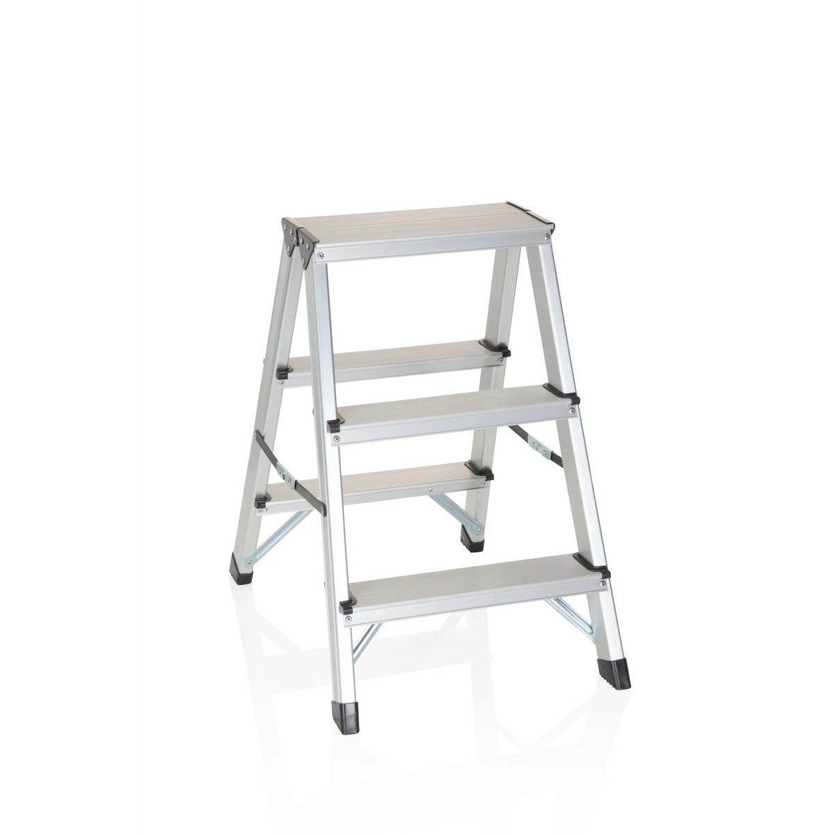 Silver Folding Ladder SOLID made of aluminium with three steps by hjh OFFICE – 360-degree view (front view 20°)