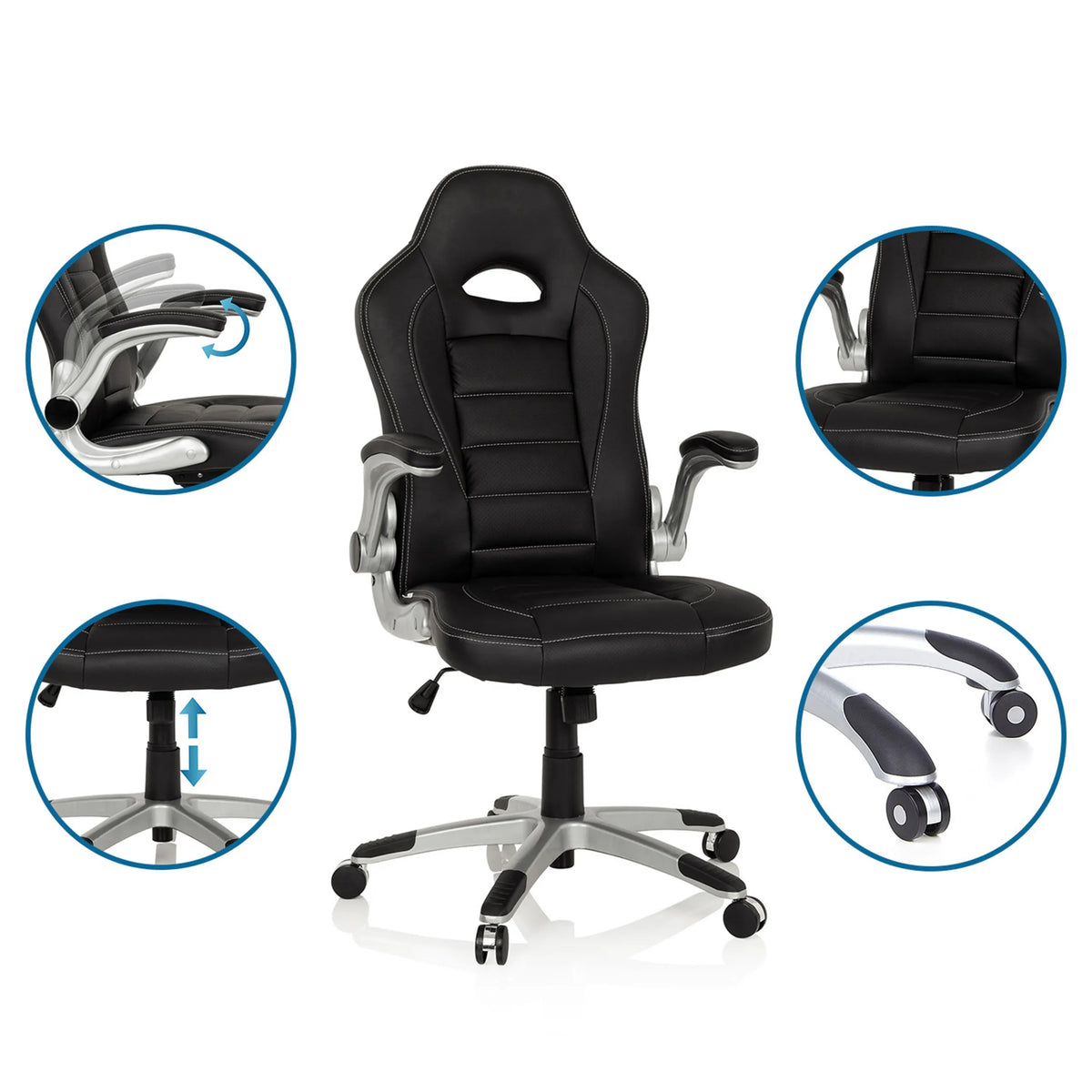 Gaming chair GAME SPORT in black with adjustable armrests and gas lift by hjh OFFICE
