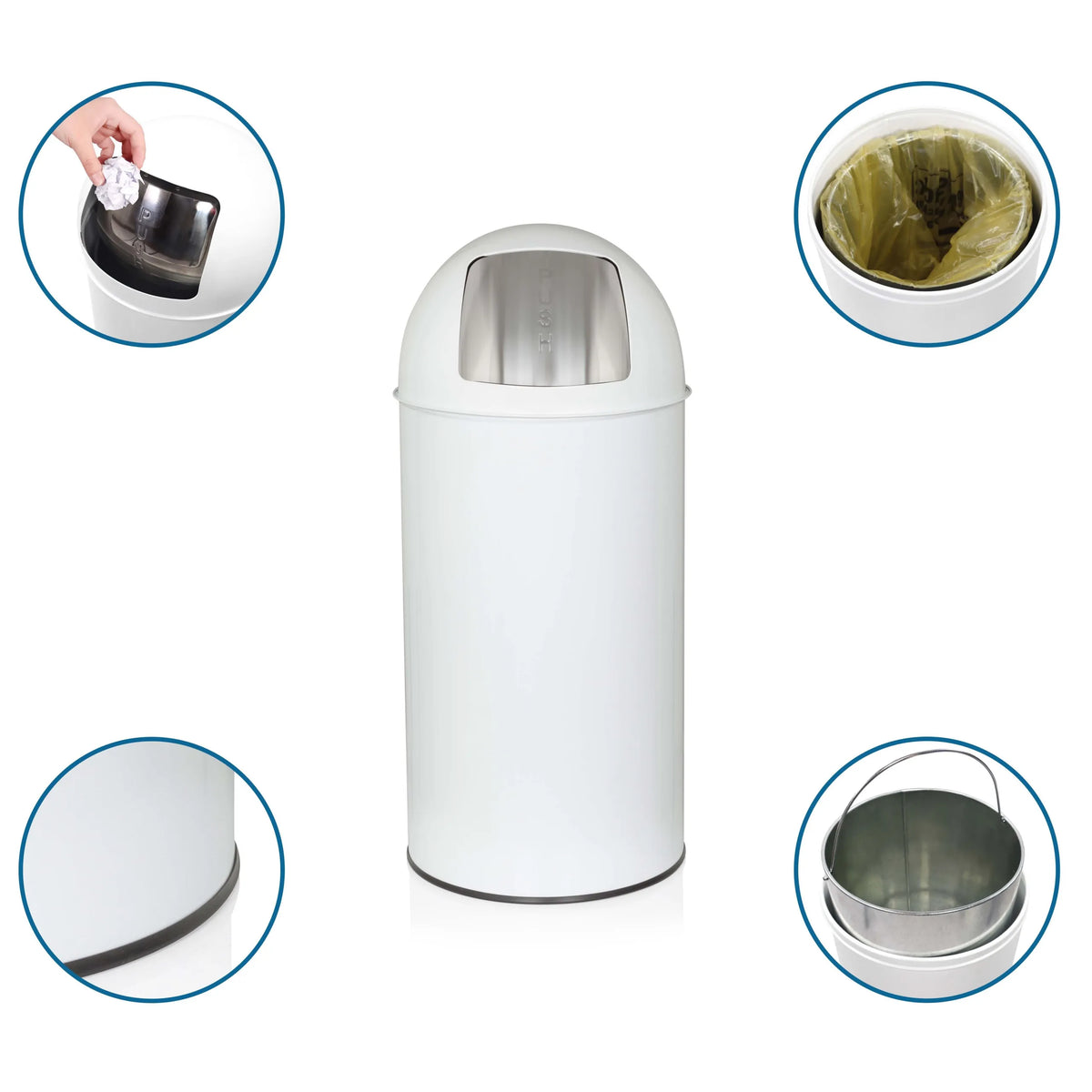 White wastepaper bin PUSH 35L with silver lid, inner bucket and bin liners by hjh OFFICE