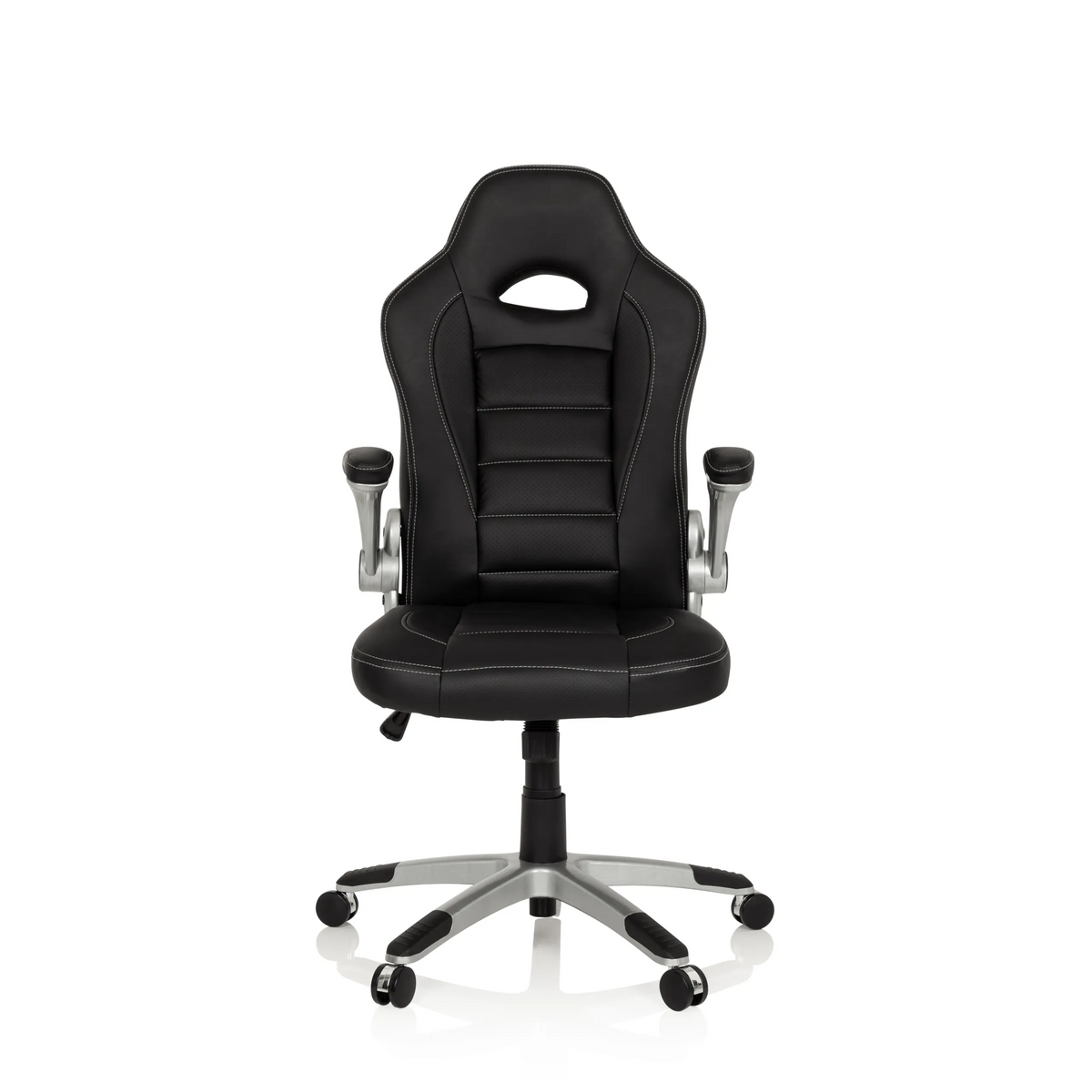 Black Gaming chair GAME SPORT with headrest, armrests and silver five-caster base by hjh OFFICE – 360-degree view (front view 0°)