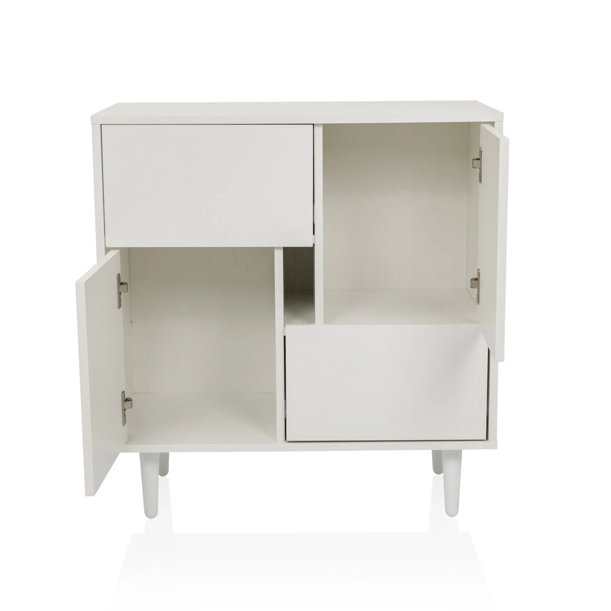 White LYKKJA chest of drawers with two open compartments, one drawer and one open door on four legs by hjh LIVING