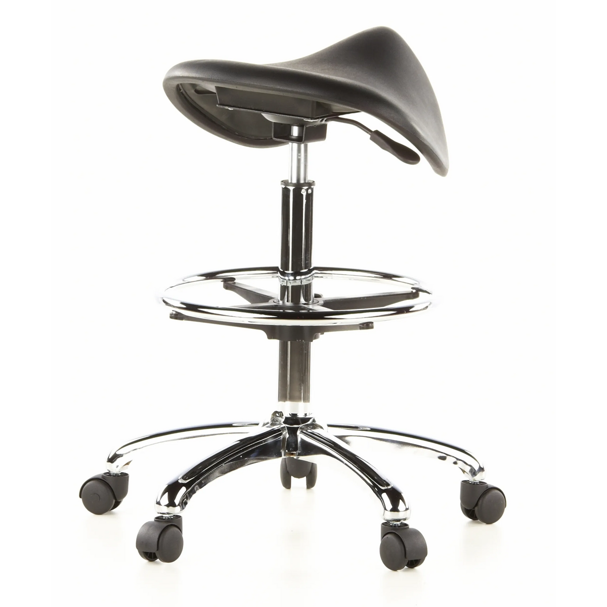 Black Saddle stool TOP WORK 13 with foot ring and five-caster base by hjh OFFICE – 360-degree view (rear three-quarter view 140°)