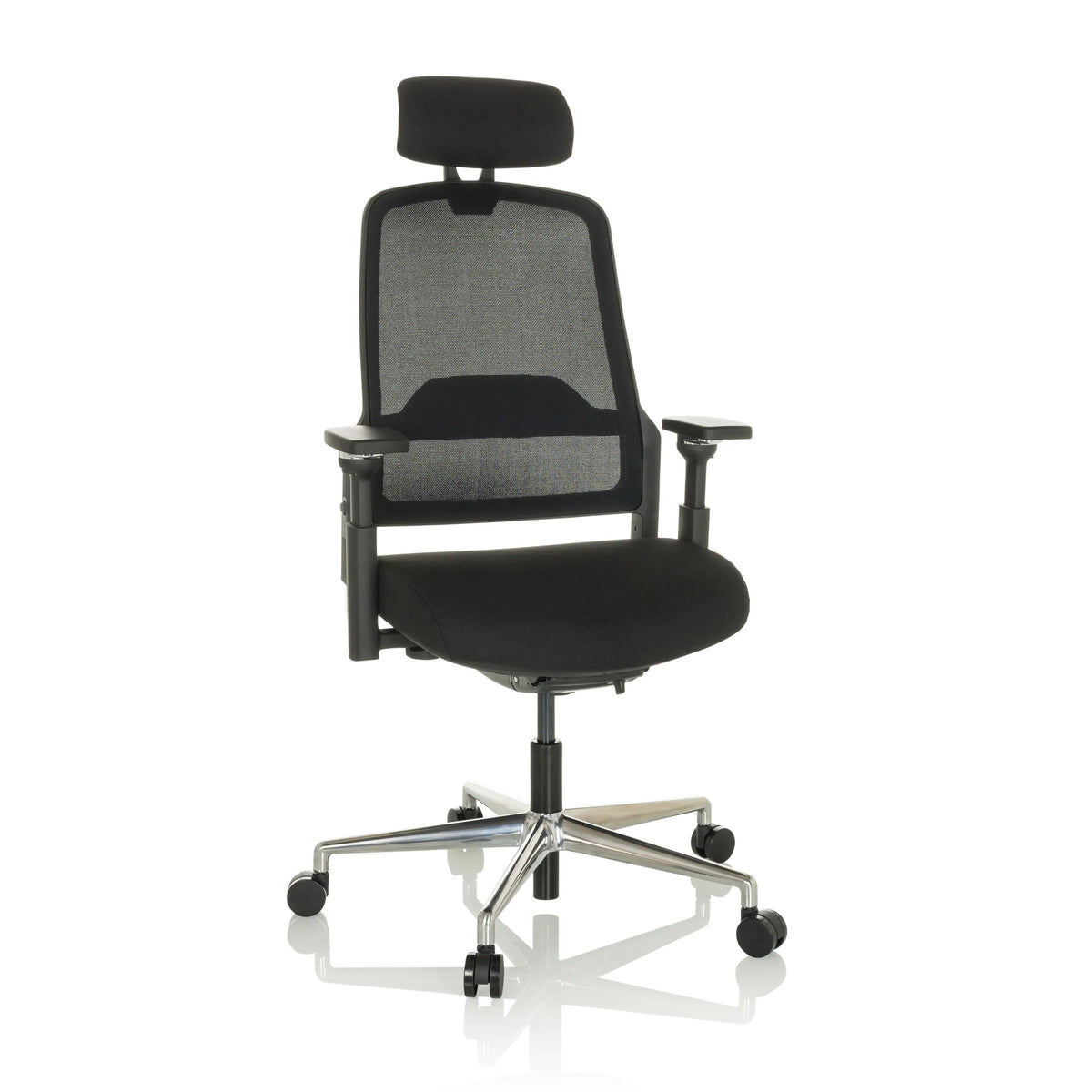 Black Professional Office Chair TERARO AX with mesh back, headrest and five-caster base by hjh OFFICE – 360-degree view (front view 15°)