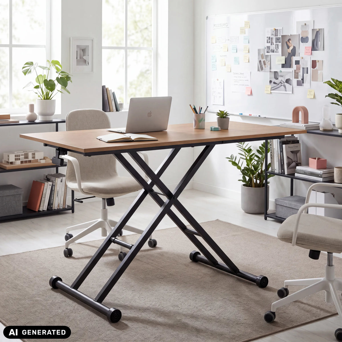 Worktime Lift desk in oak and black with X-shaped frame and castors by hjh OFFICE