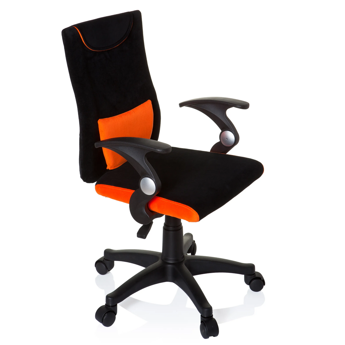 Black and orange Swivel Chair – Children KIDDY PRO AL with lumbar cushion and five-caster base by hjh OFFICE – 360-degree view (front three-quarter view 60°)