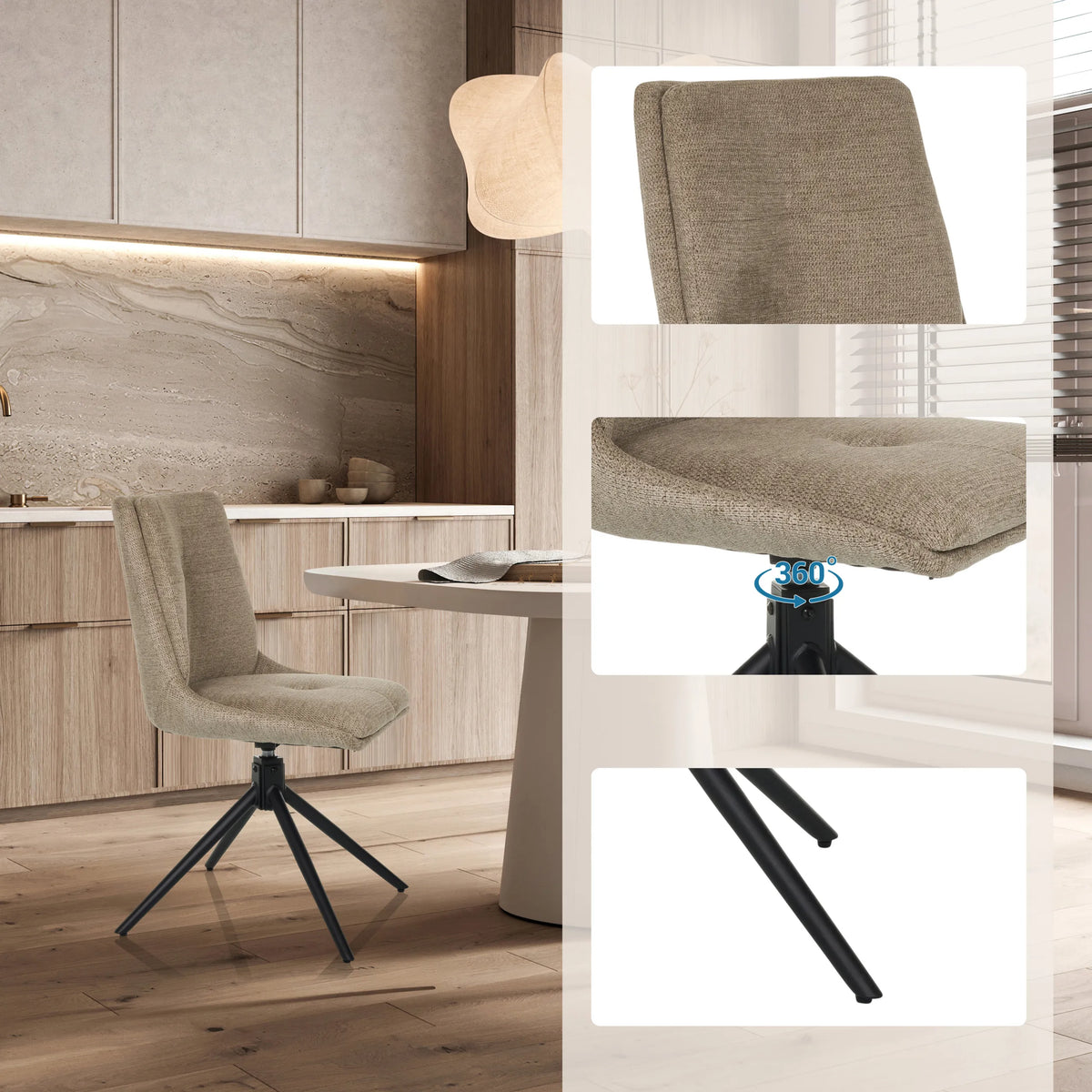 Beige upholstered chair TARVISO I with textured fabric cover and black star base by hjh LIVING