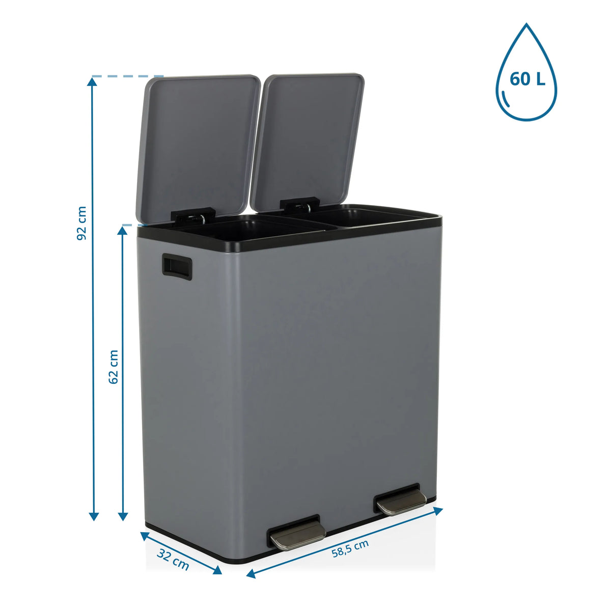 Dimensional view of the Clean 13 wastepaper with 60 L capacity and 58.5 x 32 cm by hjh OFFICE