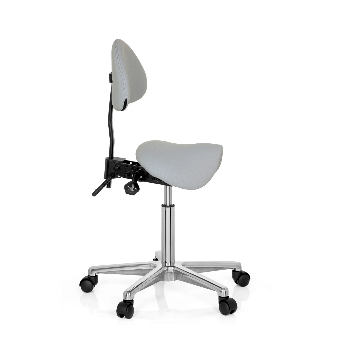 Grey Saddle stool TOP WORK 20 with backrest and five-caster base by hjh OFFICE – 360-degree view (side profile 80°)