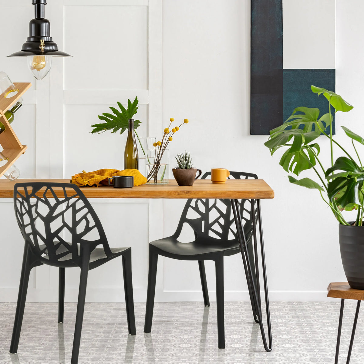 Two black outdoor chairs ARTIFO TRI with organically patterned backrests by hjh OFFICE