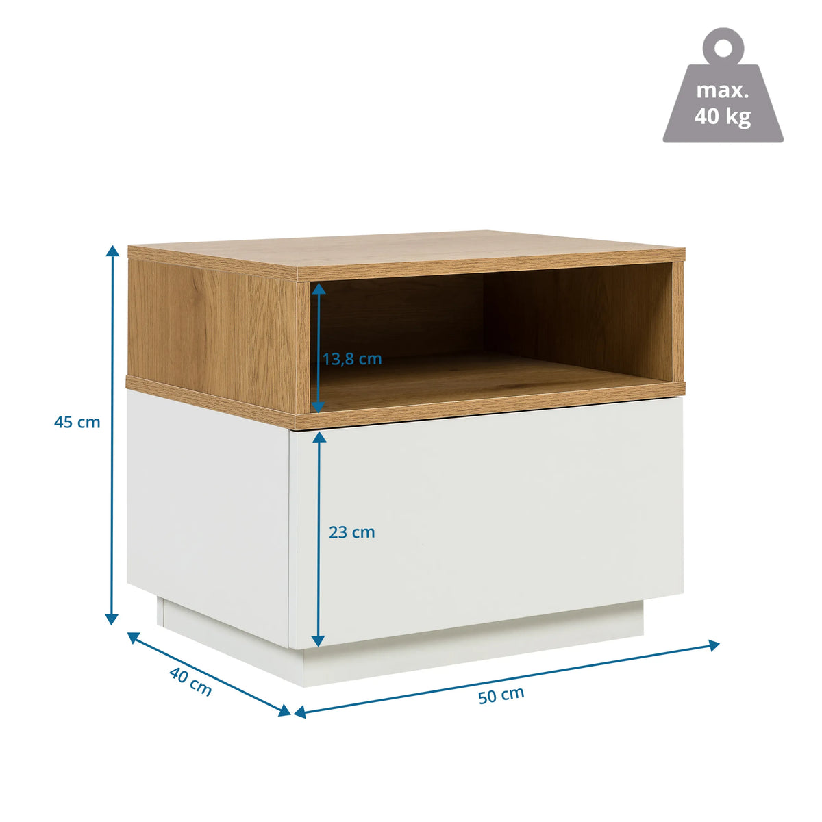 Dimensional drawing of the Side table MELMO in white and oak, 50 × 40 cm, by hjh LIVING