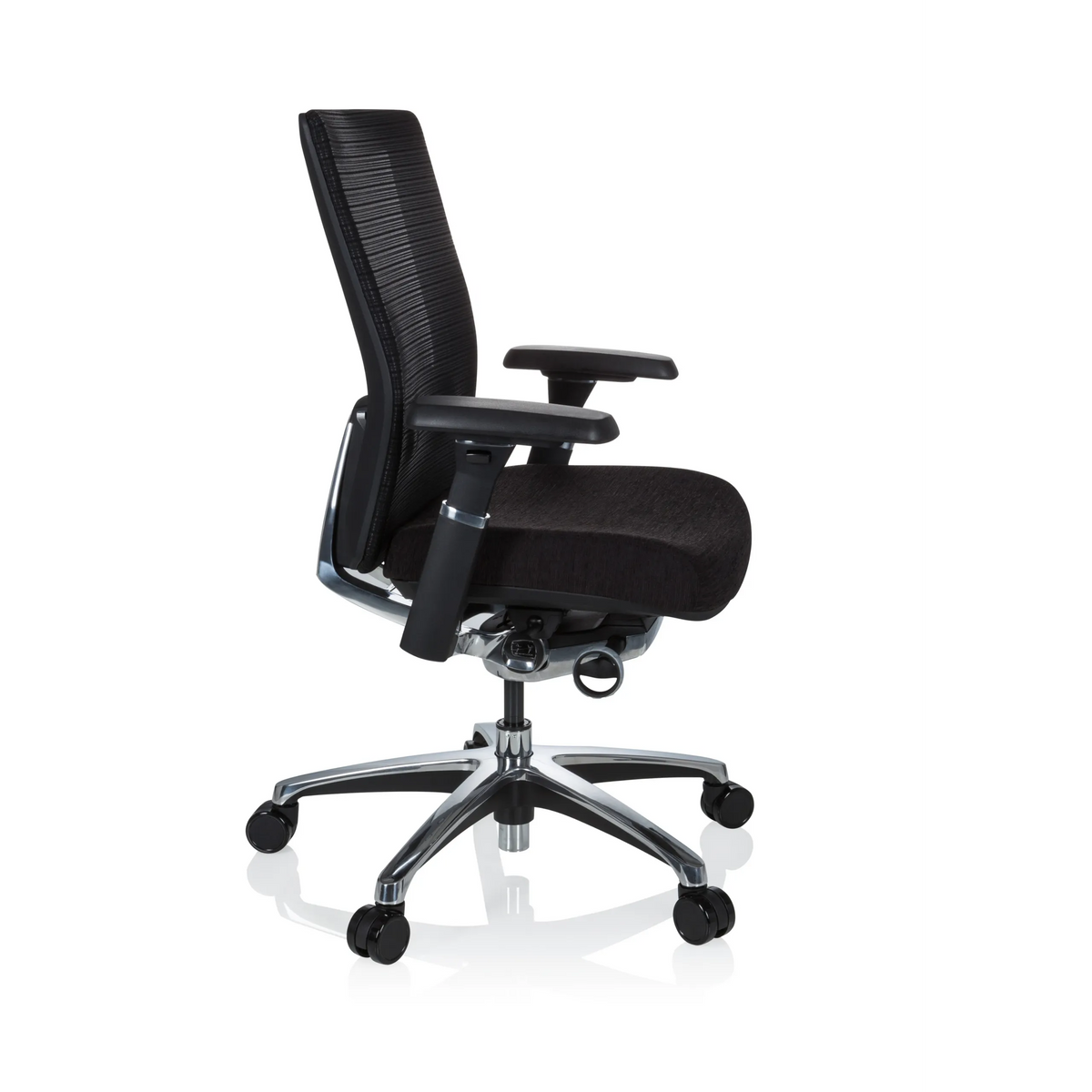 Black High End Office Chair NOVA PRO ALU with mesh back and five-caster base by hjh OFFICE – 360-degree view (side profile 80°)