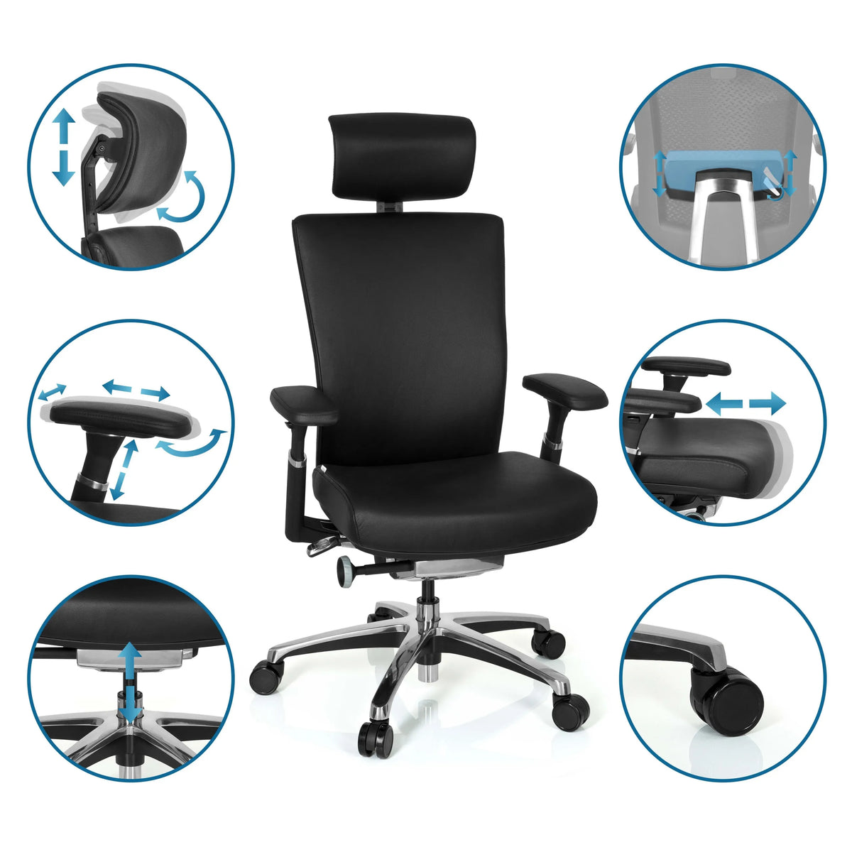 Adjustable features of the black leather Professional Office Chair NOVA by hjh OFFICE