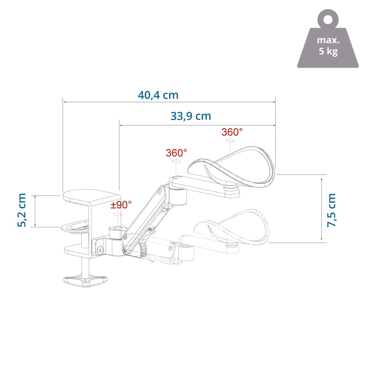 Technical drawing of the Armrest RELEX RT1 with a length of 40.4 cm and a load capacity of 5 kg by hjh OFFICE