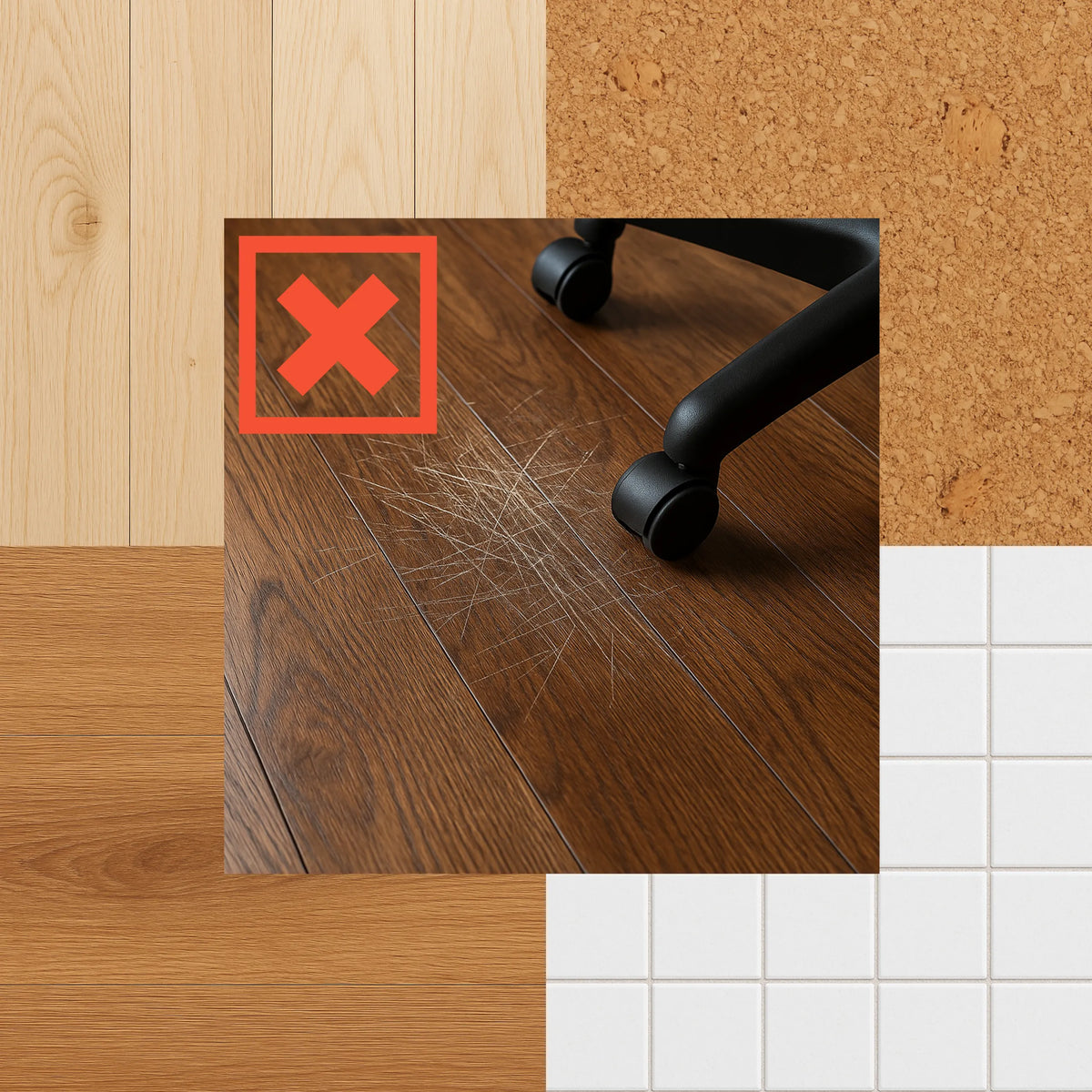 Scratches on a dark wooden floor caused by office chair wheels without FORTIFLEX office mat by hjh OFFICE