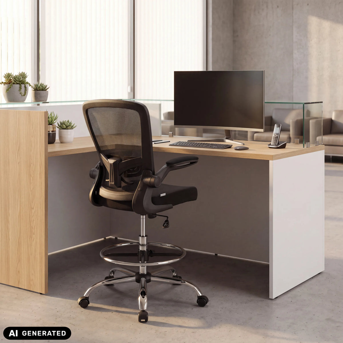 Black VENDO WORK counter chair with footrest at a desk by hjh OFFICE (AI-generated image)