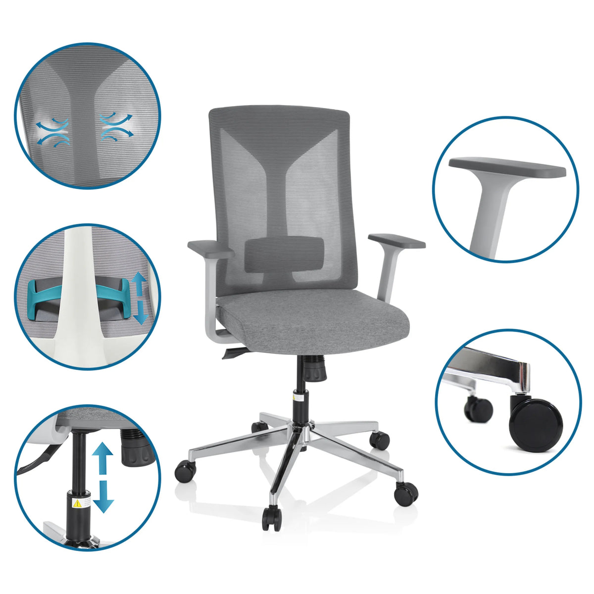 Grey Professional Office Chair HALIFAX with detailed views of the mesh back, armrests, gas lift and castors by hjh OFFICE