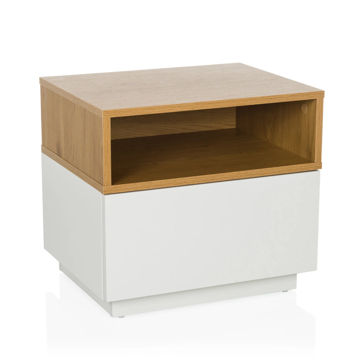 White Side table MELMO with a shelf in oak effect by hjh LIVING – 360-degree view (front view 15°)