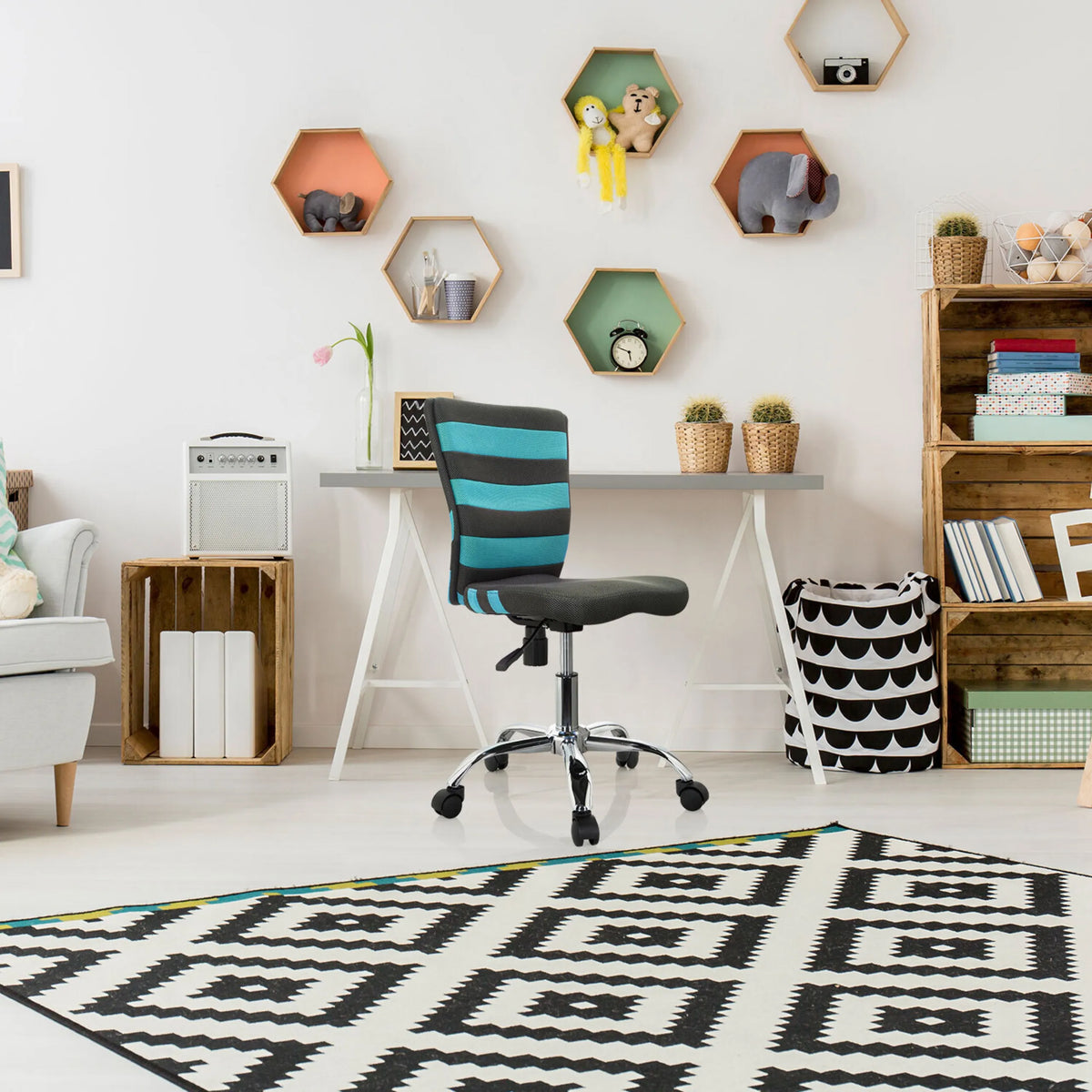 Children's Swivel Chair KIDDY COMFORT I in grey and turquoise with metal castor base by hjh OFFICE
