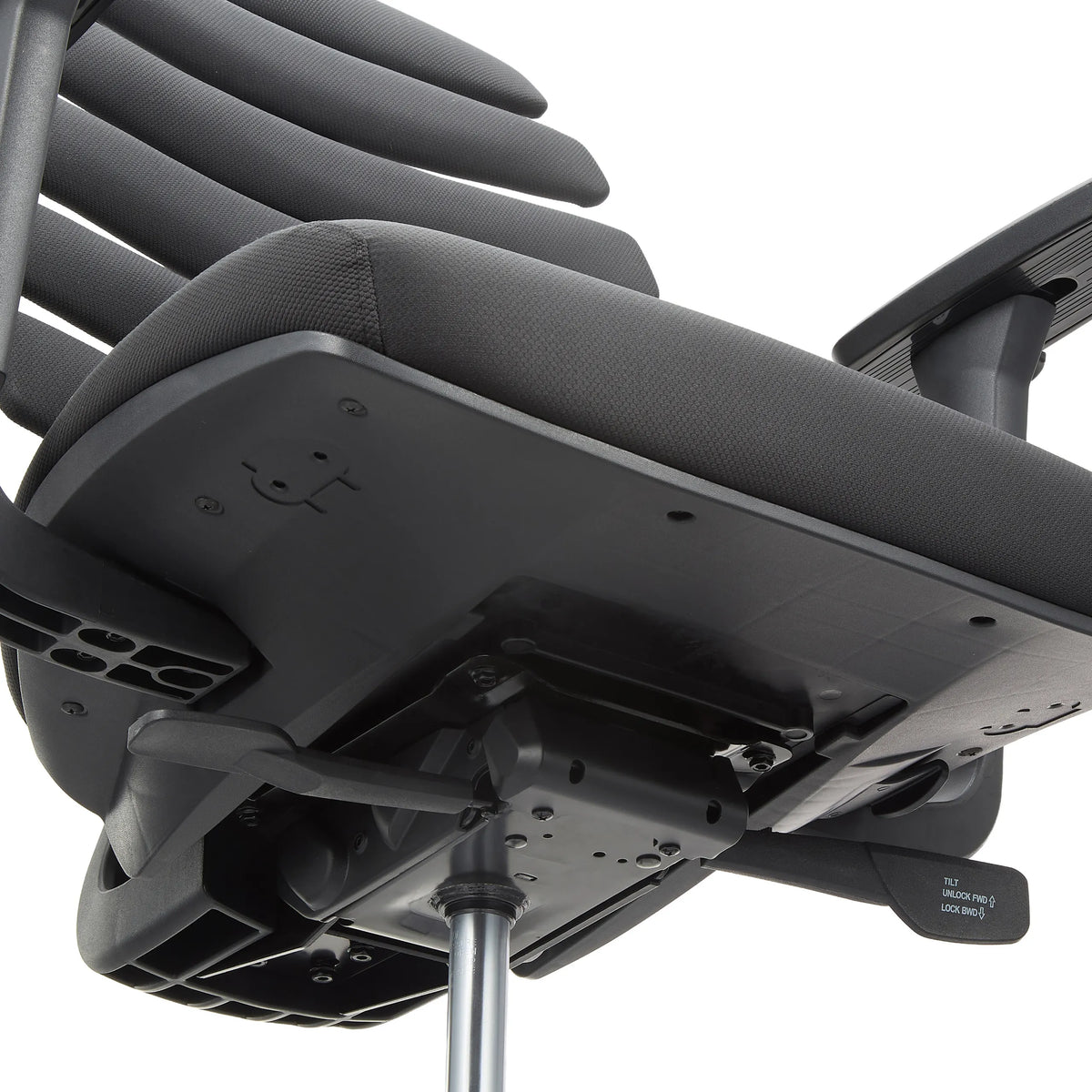 Underside of the seat and adjustment mechanism of the ERGO LINE II WORK counter chair in black by hjh OFFICE