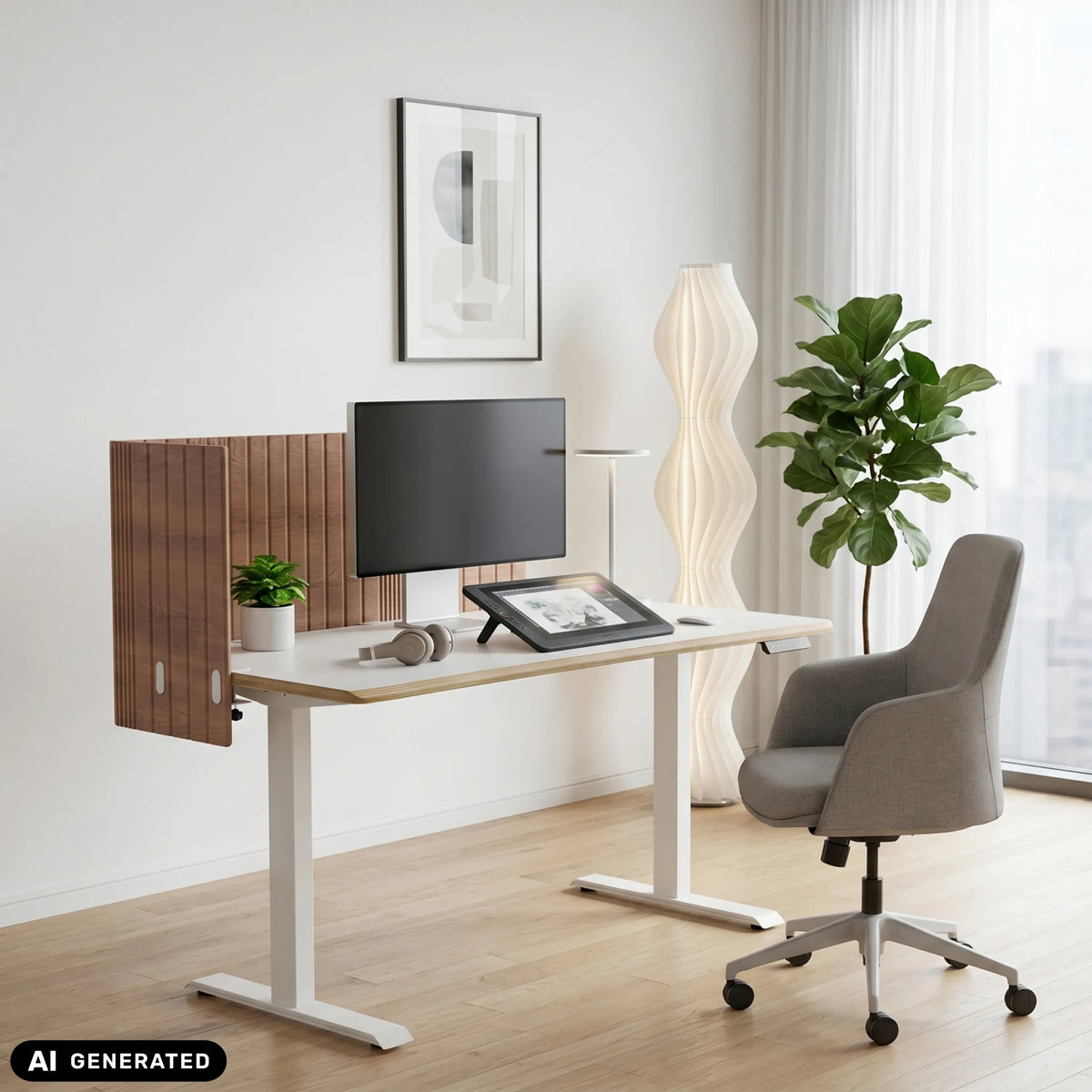 Brown table partition FLEXMIUT ROLL W with vertical slat structure on a white desk by hjh OFFICE