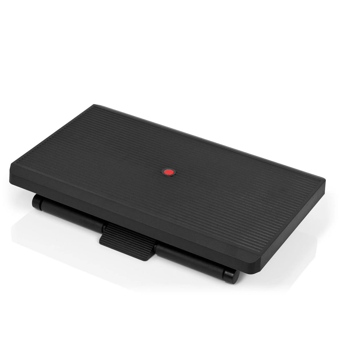 Black Footrest PIEDINO STRIPE PRO with ribbed surface and red button by hjh OFFICE – 360-degree view (front view 16°)