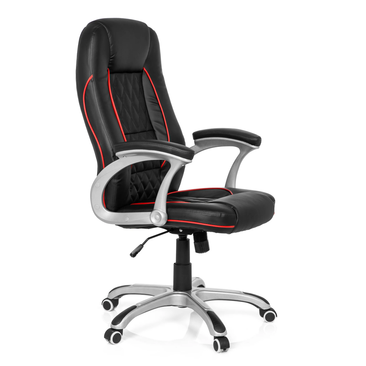 Black Gaming chair RELAX AB100 with red decorative stitching, quilting and five-caster base by MyBuero – 360-degree view (front three-quarter view 60°)