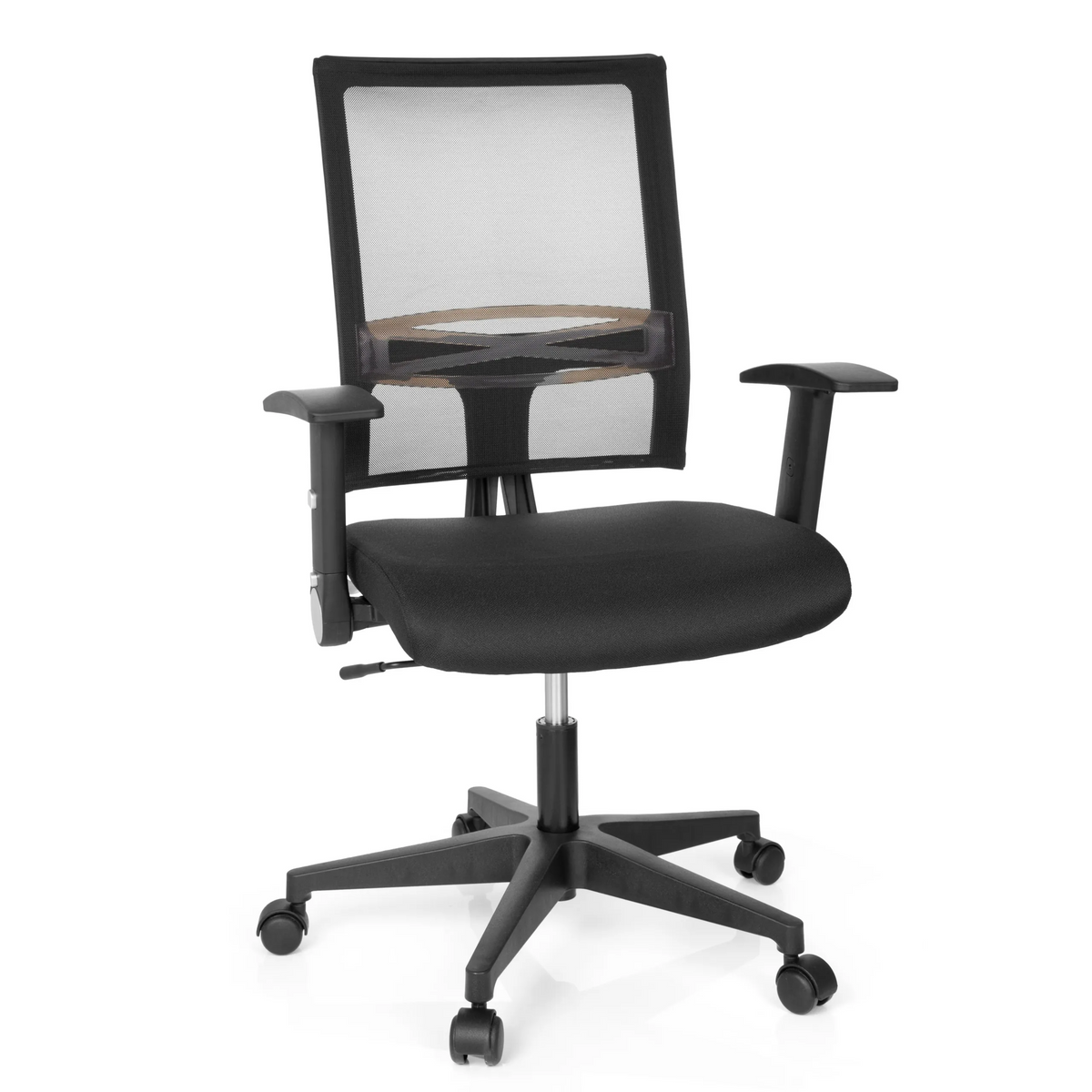 Black Home Office Chair OFFICE R8 with mesh back and five-caster base by hjh OFFICE – 360-degree view (front view 20°)
