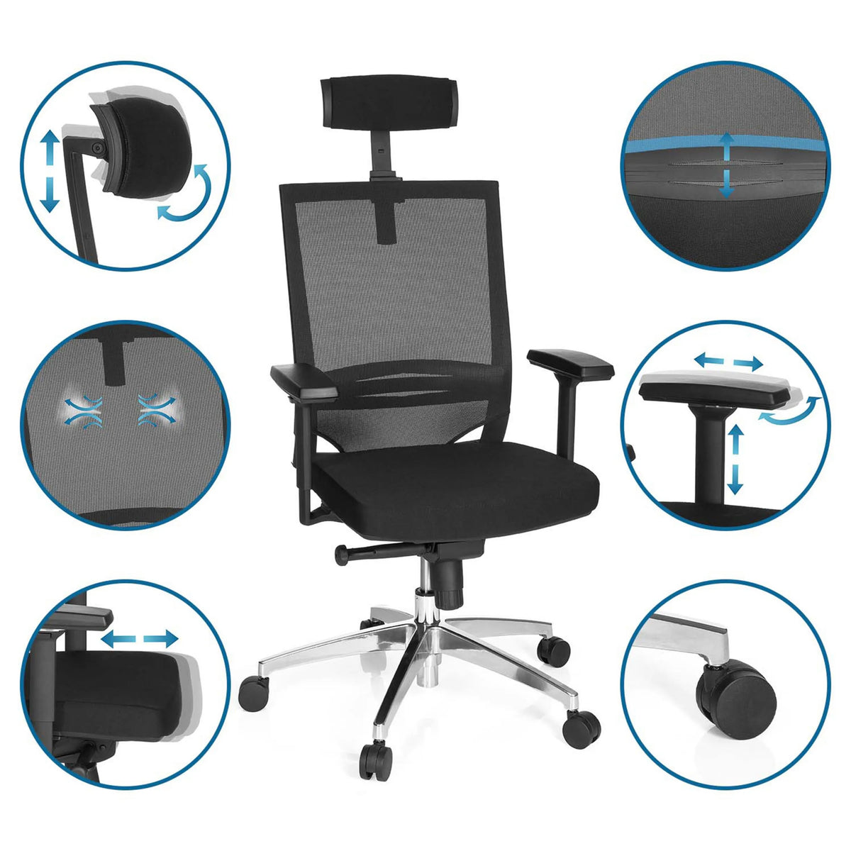 Adjustable details of the PORTO MAX HIGH Professional Office Chair with headrest, armrests and mesh back in black by hjh OFFICE