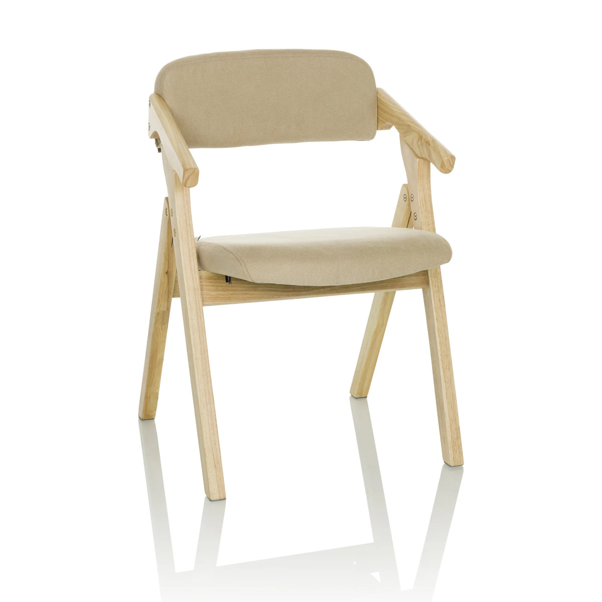 Beige folding chair SCANDIO with armrests and wooden frame by hjh OFFICE – 360-degree view (front view 15°)