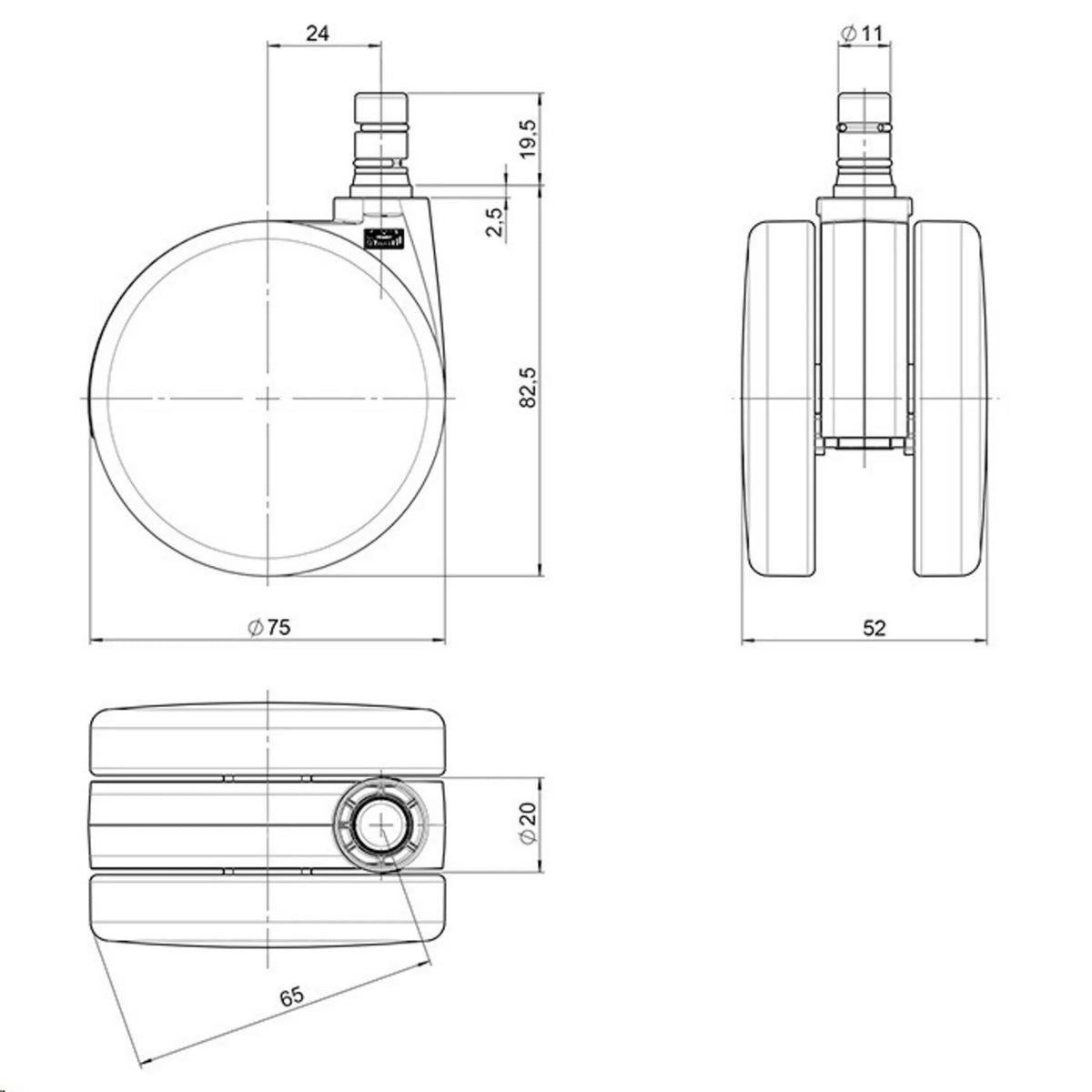 Technical drawing of the 75 mm diameter Castors 5x ROLO No-Noise 11mm/75mm by hjh OFFICE
