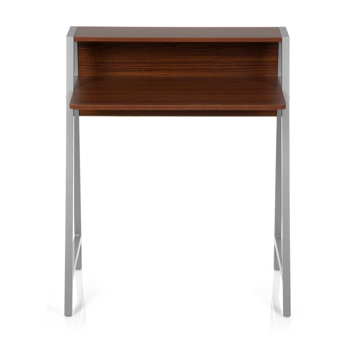 Walnut-coloured Office Desk DUMONT with silver-coloured frame and hutch by hjh OFFICE – 360-degree view (front view 0°)