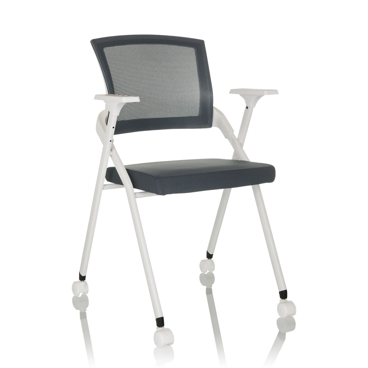 Grey Folding chair PRIORITY II W with mesh back, armrests and castors by hjh OFFICE – 360-degree view (front three-quarter view 30°)